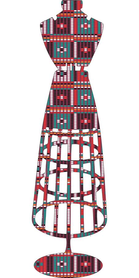 a dress on a stand on a black background, a digital rendering, inspired by Adolf Wölfli, ascii art, tall skyscraper, bottom - view, colorful architectural drawing, checkered pattern