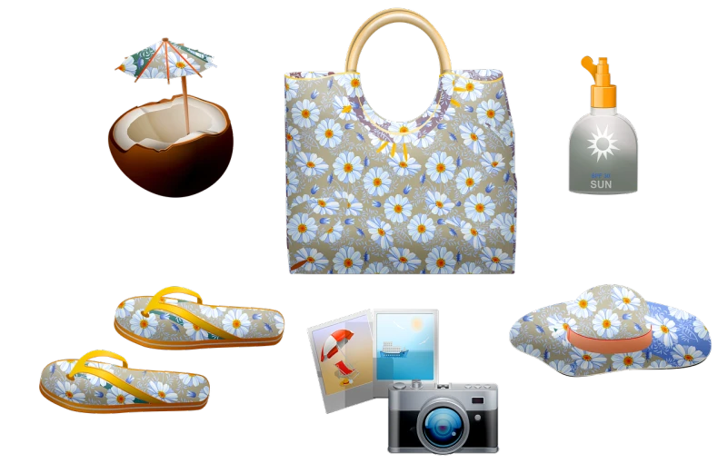 a bunch of items sitting on top of a table, vector art, inspired by Mattise, daisies, ecommerce photograph, resort, bag