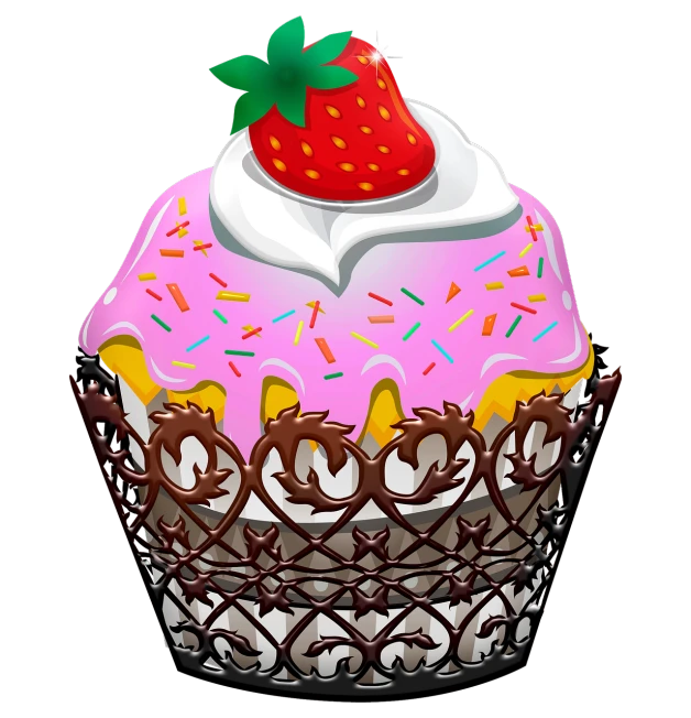 a cupcake with a strawberry on top of it, a pastel, made of wrought iron, photorealistic illustration, the background is black, sprinkles