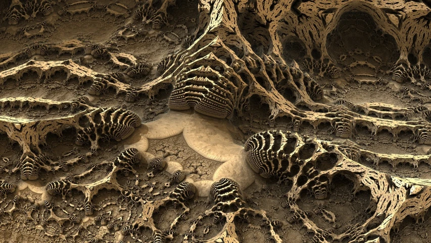 a group of zebras that are standing in the dirt, a microscopic photo, inspired by tomasz alen kopera, digital art, organic ceramic fractal forms, mesh roots. closeup, beautiful bone structure, jagged metal landscape