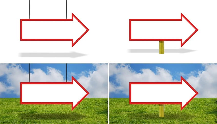 four different views of a red and white sign, a digital rendering, by Dennis Ashbaugh, flying arrows, field background, no text!, with two arrows