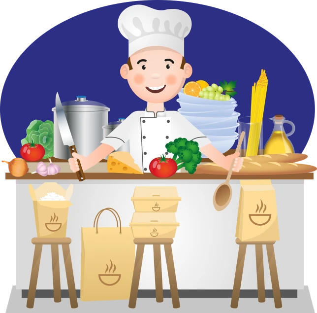 a man that is standing in front of a counter, an illustration of, gourmet cooking, packshot, vector image, tools