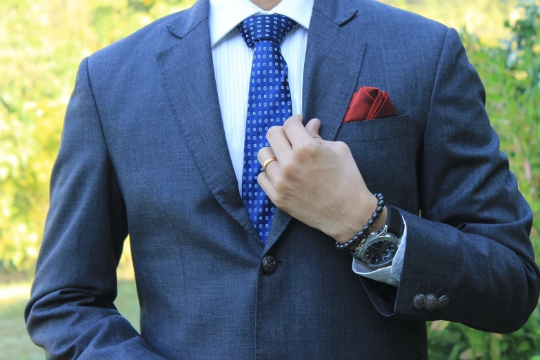 a close up of a person wearing a suit and tie, inspired by Zoran Mušič, pexels, red and blue garments, cartier style, expensive outfit, blue and gray colors