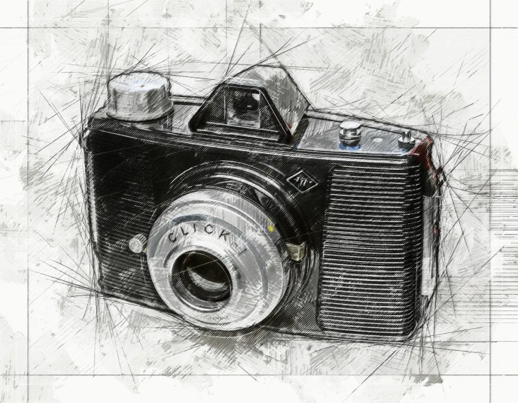 a black and white photo of a camera, a digital painting, by Hans Fischer, shutterstock contest winner, scribbled, cubists love it, old style photo, packshot