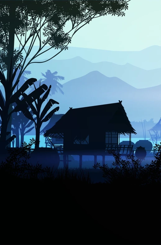 a hut sitting on top of a lush green hillside, an illustration of, shutterstock, sumatraism, modern nocturnal background, detailed silhouette, houses on stilts, a beautiful artwork illustration