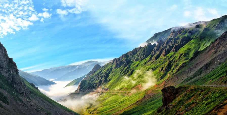 a scenic view of a valley in the mountains, pexels contest winner, romanticism, kurdistan, 8k vertical wallpaper, light green mist, earth and pastel colors