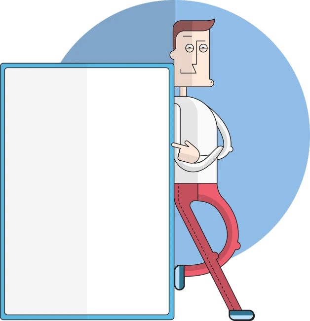 a man standing next to a large white board, an illustration of, cartoon style illustration, rounded corners, full color illustration, angled