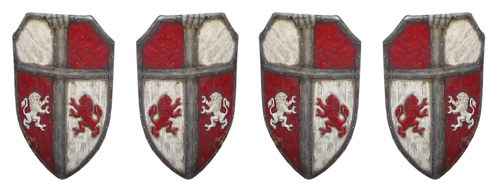 three shields with red and white designs on them, by Thomas Tudor, renaissance, rigid bulky armor, diptych, narnia, regular build