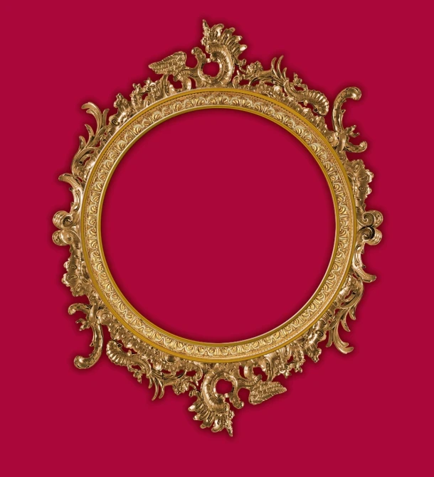 a gold frame on a red background, by Primrose Pitman, baroque, round background, high detail product photo, reflection, oz