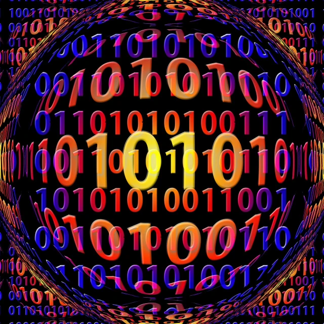 an image of a computer screen with numbers coming out of it, by Jon Coffelt, pixabay, computer art, sign that says 1 0 0, psychedelic digital art, binary, twins
