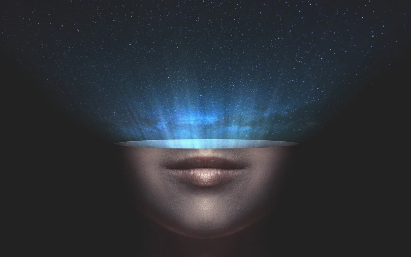 a close up of a person's face with a light coming out of their head, digital art, by Milton Menasco, shutterstock, surrealism, tranquility of the endless stars, virtual reality headset, high quality fantasy stock photo, swimming in space