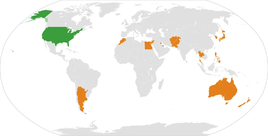 a map of the world with countries in orange and green, flickr, gray men, patent registry, puerto rico, from wikipedia