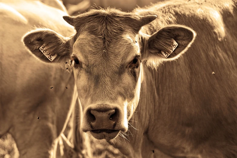 a black and white photo of a cow, sepia photography, glare face, istockphoto, 33mm photo