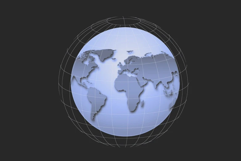 a blue globe sitting on top of a black surface, a raytraced image, by Robert Koehler, shutterstock, art deco, orthographic projection, grid, on a gray background, flash photo