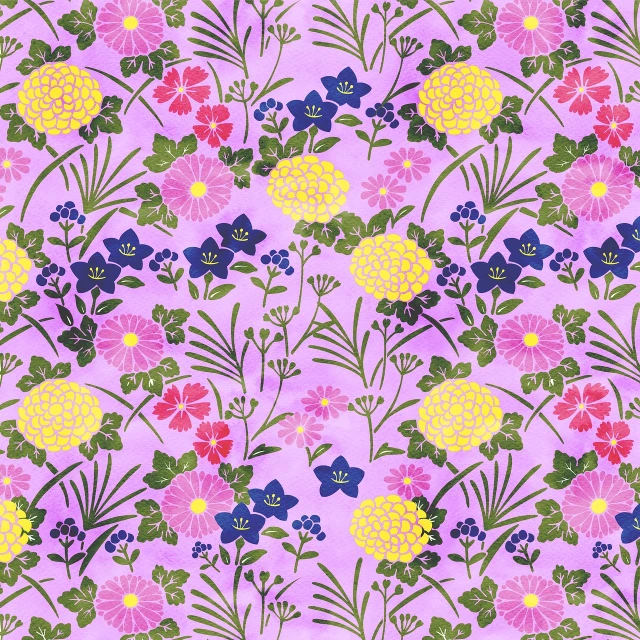 a pattern of flowers and leaves on a purple background, inspired by Katsushika Ōi, sōsaku hanga, scrapbook paper collage, pink and yellow, meadows, full resolution