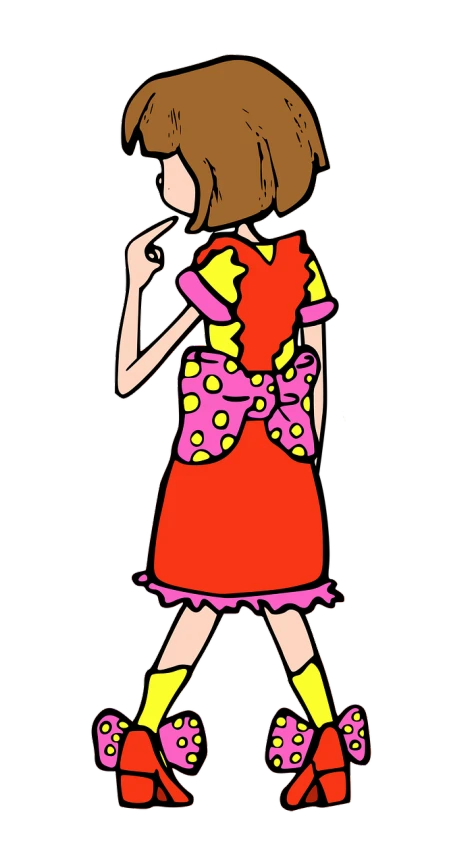 a woman in a colorful dress talking on a cell phone, a cartoon, inspired by Fujiwara Takanobu, pixabay, mingei, courage the cowardly dog, a red bow in her hair, with a black background, ((oversaturated))