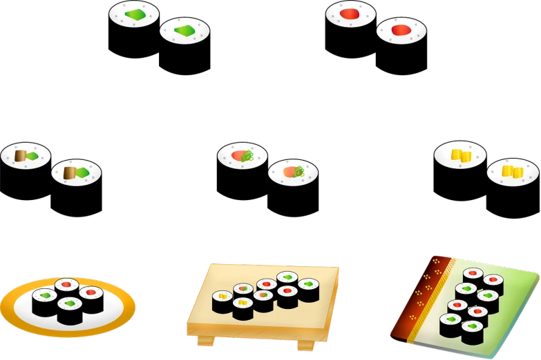 a bunch of sushi sitting on top of a table, concept art, inspired by Josetsu, trending on pixabay, mingei, black backround. inkscape, floating symbols, high definition screenshot, on a flat color black background