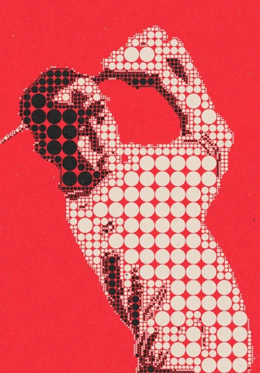 a man holding a golf club in one hand and a golf ball in the other, a screenprint, inspired by Tom Whalen, behance, pointillism, red camera, halftone pattern, detail, bubbles ”
