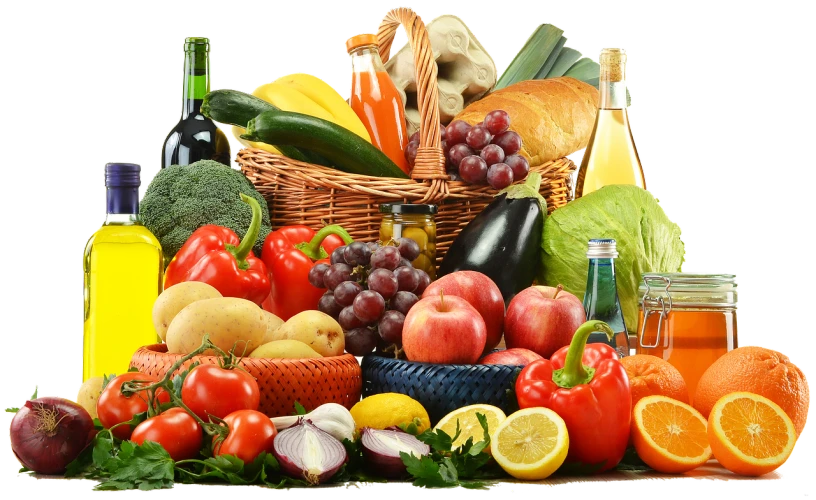 a variety of fruits and vegetables in a wicker basket, a picture, by Juan O'Gorman, shutterstock, renaissance, wine cellar full of food, on black background, banner, getting groceries