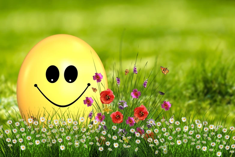 a smiley face in the middle of a field of flowers, garden with flowers background, very accurate photo, clipart