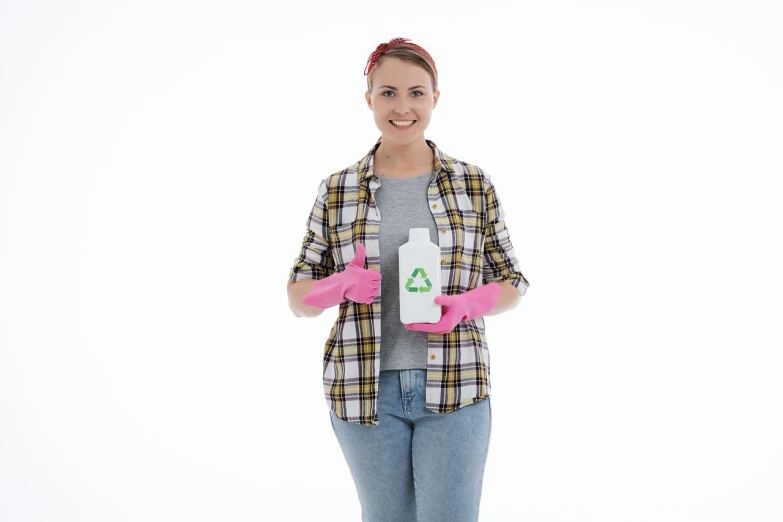 a woman in plaid shirt holding a bottle of cleaner, plasticien, white background : 3, looking straight to camera, clean and simple design, professional painting