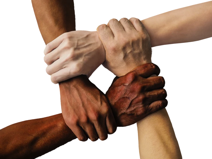 a group of people putting their hands together, a colorized photo, by Alison Geissler, on black background, realistic skin shader, closeup of arms, shackles in his hands