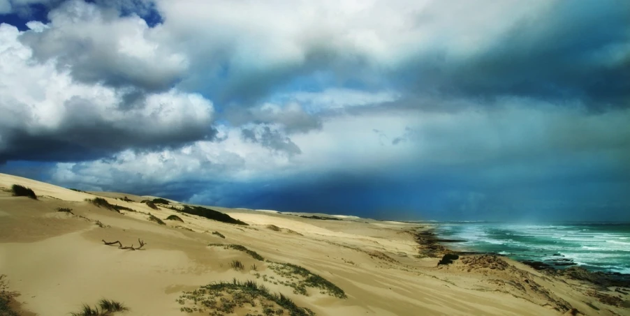 a person riding a surfboard on top of a sandy beach, by Dietmar Damerau, distant rainstorm, windows xp wallpaper, dunes, south african coast