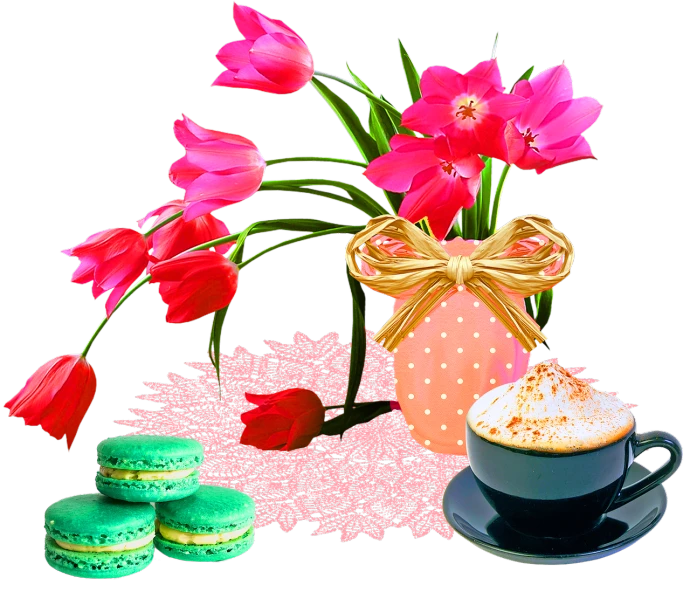 a bouquet of flowers sitting next to a cup of coffee, a digital rendering, by Marie Bashkirtseff, pixabay contest winner, macaron, cut out collage, tulip, background image