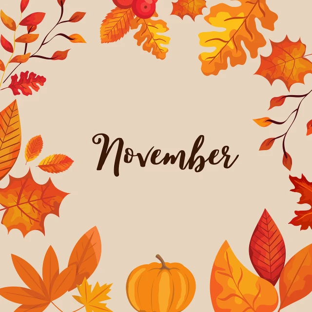 the word november surrounded by autumn leaves and pumpkins, flat vector art background, poster illustration, corner, 🪔 🎨;🌞🌄