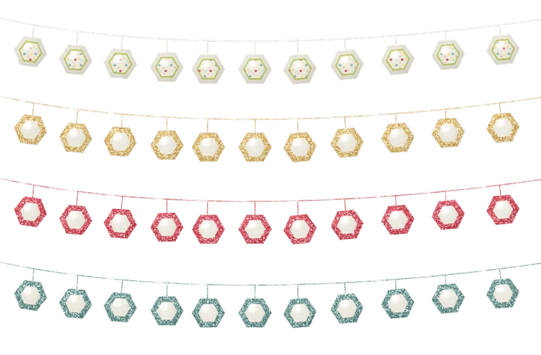 a string of crocheted hexagons on a black background, a digital rendering, inspired by Lubin Baugin, lamps and flowers, game icon asset, snowy, cloth banners