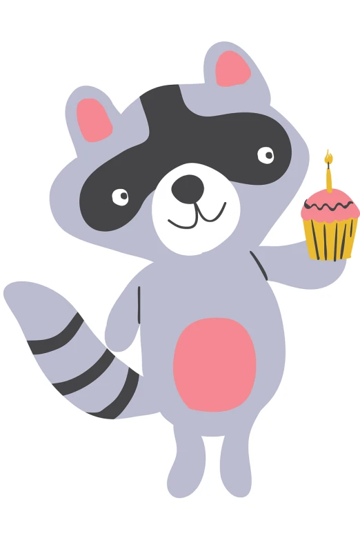 a raccoon holding a cupcake with a candle, by Kōno Michisei, shutterstock, figuration libre, birthday party, children\'s illustration, cutout, gray