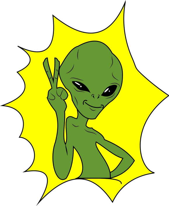 a cartoon alien holding up a peace sign, inspired by Victor Moscoso, deviantart contest winner, beautiful avatar pictures, here is one olive, ( ( ( alien ) ) ), portait photo