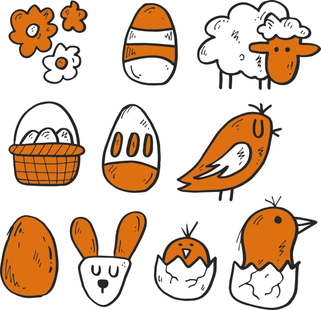 a bunch of stickers on a black background, vector art, mingei, eggs, animal drawing, orange and white color scheme, inky illustration