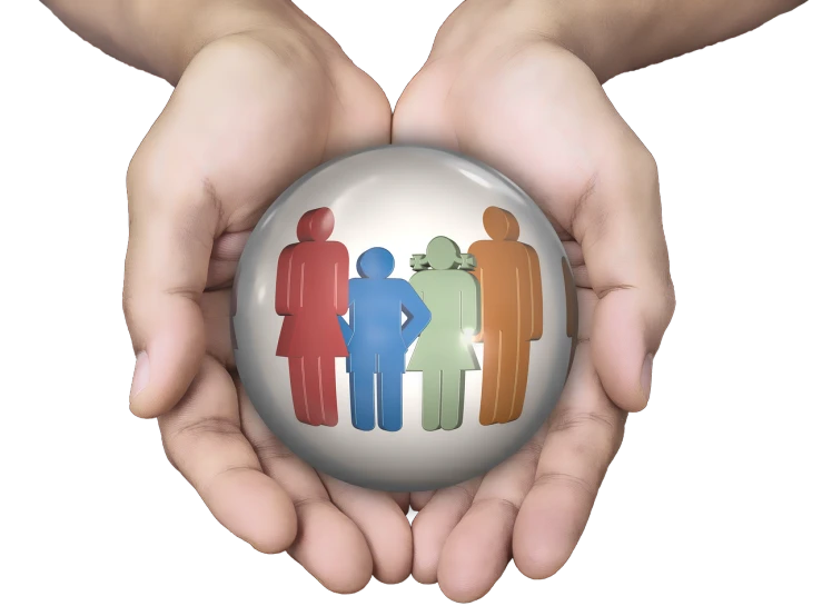 a person holding a ball with a group of people on it, a digital rendering, by Mirko Rački, pixabay, shield, family friendly, with a black background, four hands