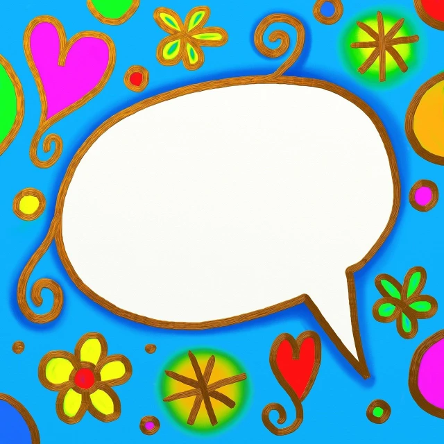 a picture of a speech bubble surrounded by flowers and hearts, a pop art painting, inspired by Takashi Murakami, flickr, pop art, けもの, cheerful atmosphere, blue, ethnic