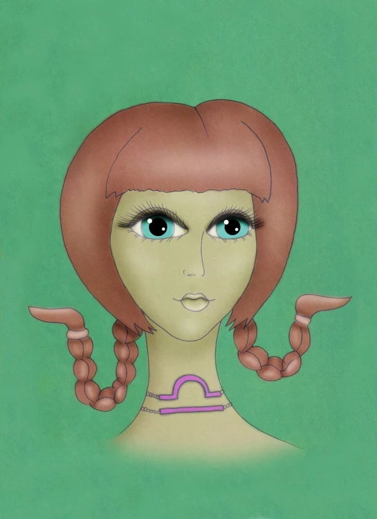 a drawing of a woman with pigtails on her head, a digital rendering, inspired by Daphne Fedarb, pop surrealism, zodiac libra sign, seventies era, an retro anime image, close up character