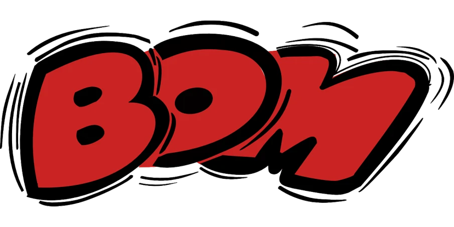 a red and black boom logo on a white background, a comic book panel, by Tom Bonson, pixabay, graffiti, drawn in microsoft paint, the band name is roborock, medium wide shot, dramatic bored expression