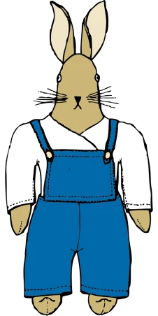 a rabbit wearing overalls and a white shirt, a digital rendering, flickr, schrodinger's cat, blue-black, medium detail, simple cartoon style