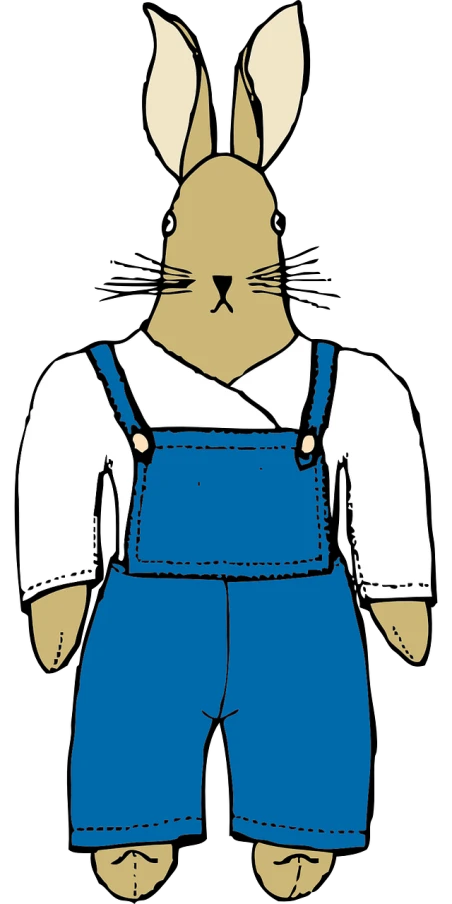 a rabbit wearing overalls and a white shirt, a digital rendering, flickr, schrodinger's cat, blue-black, medium detail, simple cartoon style