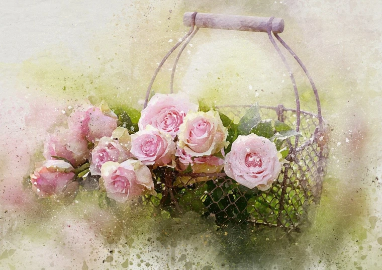 a basket filled with pink roses sitting on top of a table, a watercolor painting, by Cindy Wright, trending on pixabay, wallpapers, walking down, glimmering, floral painted backdrop