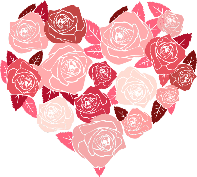 a heart shaped arrangement of roses on a black background, vector art, by Maksimilijan Vanka, pixabay, pink and red color style, 🪔 🎨;🌞🌄, group photo, kaethe butcher