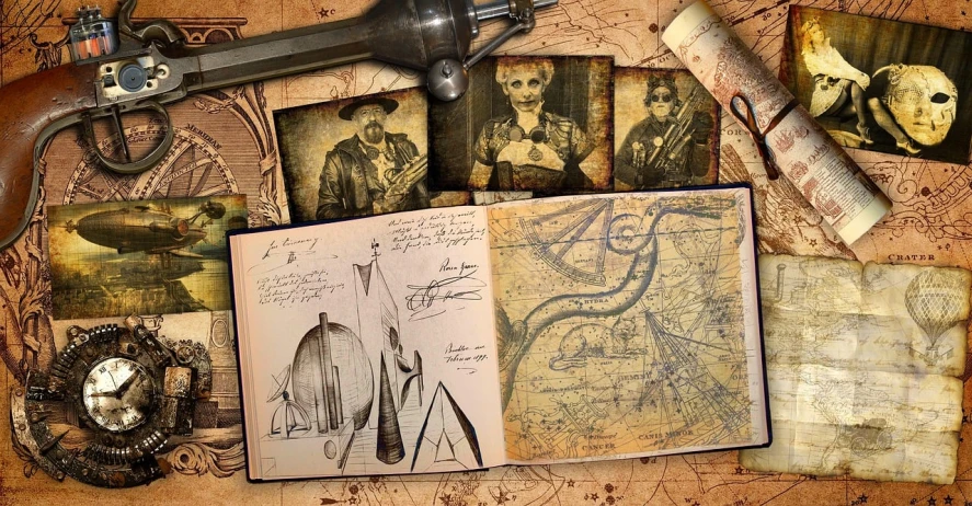 a book sitting on top of a table next to a gun, concept art, inspired by Sidney Richard Percy, cartography, drawing sketches on his notebook, time travelers, group photo