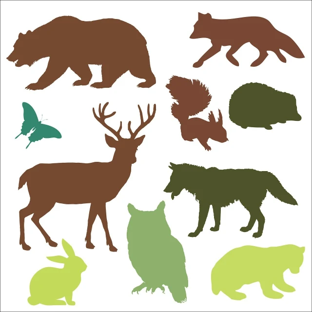 a set of silhouettes of animals and birds, an illustration of, by Marten Post, shutterstock, green and brown color palette, sticker illustration, german forest, butter