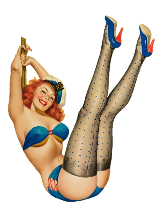 a pin up girl hanging upside down on a pole, a colorized photo, inspired by Earle Bergey, pop art, blue undergarments, very very happy!, wearing in stocking, dots