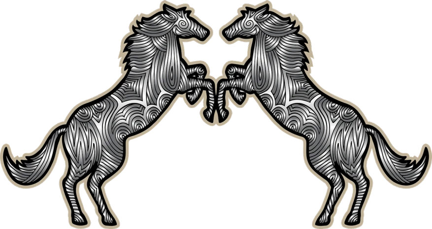 a couple of horses standing next to each other, pixabay, sots art, symmetric pattern, style of hydro74, shoulder patch design, fistfighting