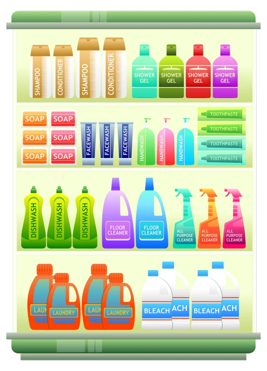 a refrigerator filled with lots of different types of cleaning products, an illustration of, stacking supermarket shelves, bio chemical illustration, variations, labels