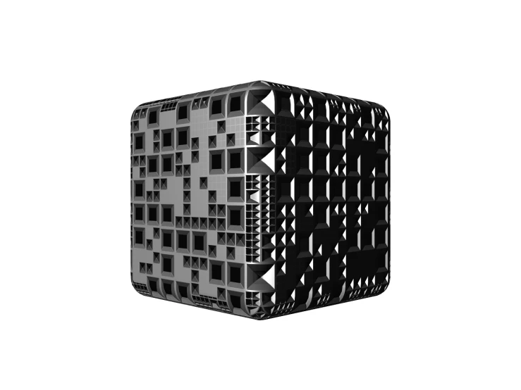 a black and white photo of a speaker, a digital rendering, inspired by Ernő Rubik, deviantart, cubo-futurism, perforated metal, side view centered, brutalist illustration, bottom - view