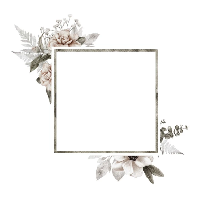 a frame with flowers and leaves on a white background, a picture, shutterstock, pale muted pastel moody colors, square shapes, white borders, white panels