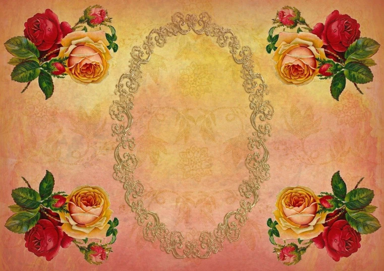 a painting of red and yellow roses on a pink background, a digital rendering, baroque, filigree frame, pale yellow wallpaper, very beautiful photo, handcrafted paper background