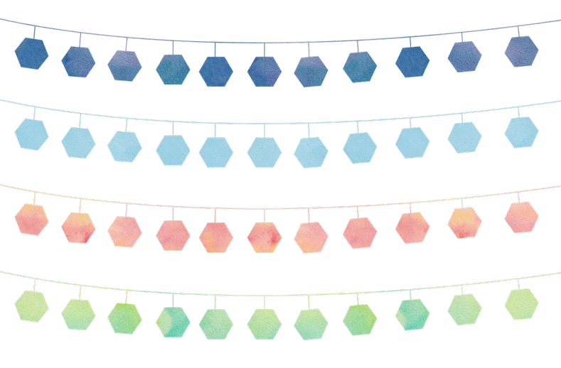 a bunch of paper hexagons hanging from a string, a digital rendering, by Maeda Masao, shutterstock, night color, border pattern, pastel palette silhouette, detailed image